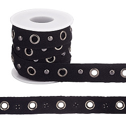 Черный Цвет Металла 5 ярды тесьмы плоские полиэстеровые ленты, с латунными люверсами, аксессуары для одежды, с металлической проволочной завязкой, металлический черный , 20 мм, отверстие : 6 мм