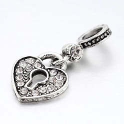 Mixed Color Large Hole Heart Lock Alloy Rhinestone European Dangle Charms, Antique Silver, Mixed Color, 25mm, Hole: 5mm