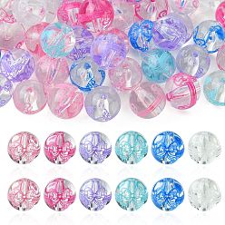 Mixed Color 50Pcs UV Plating Transparent Acrylic Beads, Round with Flower, Mixed Color, 15.5mm, Hole: 2.5mm