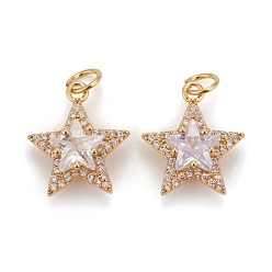 Настоящее золото 18K Латунные микропаве прозрачные подвески с фианитом, без кадмия, без никеля и без свинца, звезда, реальный 18 k позолоченный, 16x14x6.5 мм, Перейти кольцо: 5x0.8 мм, внутренний диаметр: 3.5 мм