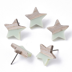 Aquamarine Resin & Wood Stud Earrings, with 304 Stainless Steel Pin, Star, Aquamarine, 17x18mm, Pin: 0.7mm