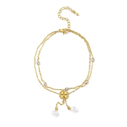 Golden Ion Plating(IP) 304 Stainless Steel Anklets, with Cubic Zirconia and Plastic Pearl, Clover, Golden, 8-1/4 inch(21cm)