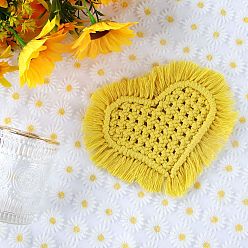 Gold Cotton Macrame Cup Mats, Handmade Braided Tassel Coaster, Heart, Gold, 150x200mm