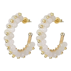 Rainbow Moonstone Natural Rainbow Moonstone Round Beaded Ring Stud Earrings, Golden Brass Wire Wrap Half Hoop Earrings, 30x30x7mm