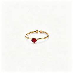 Dark Red Adjustable Birthstone 304 Stainless Steel Micro Pave Cubic Zirconia Cuff Open Rings, Heart, July, Golden, Dark Red, US Size 4 1/4(15~20mm)