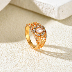 Golden Brass Micro Pave Cubic Zirconia Finger Rings for Women, Oval, with Imitation Pearl, Golden, 11mm, Inner Diameter: 18mm