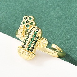 Настоящее золото 18K Манжеты из латуни с микро паве кубический цирконий для женщин, кактус, стойки покрытие, долговечный, без свинца и без кадмия, реальный 18 k позолоченный, регулируемый, лоток : 15.5x13.5 мм