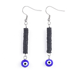 Black Round Handmade Evil Eye Lampwork Dangle Earrings, with Polymer Clay Bead and 316 Surgical Stainless Steel Earring Hooks, Black, 62~63mm, Pin: 0.7mm