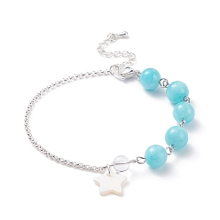 Mashan Jade Natural Mashan Jade(Dyed) Beaded Bracelet with 304 Stainless Steel Rolo Chains, Shell Star Charm Bracelet for Women, Silver, 7-3/8 inch(18.8cm)