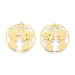 Настоящее золото 18K Хэллоуин череп 201 подвески из нержавеющей стали, плоско-круглые, лазерная резка, реальный 18 k позолоченный, 35x33x1 мм, отверстие : 1.5 мм