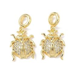Золотой Европейские подвески-шармы с божьей коровкой из латуни с микропаве из прозрачных кубических цирконий, подвески с большими отверстиями в виде божьей коровки, без свинца и без кадмия, долговечный, стойки покрытие, золотые, 26.5 мм, отверстие : 4.5 мм