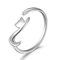 Platinum Rhodium Plated 925 Sterling Silver Cuff Rings, Open Rings, Cat Shape, Platinum, Size 8, Inner Diameter: 18mm