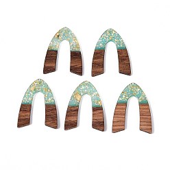 Средний Бирюзовый Подвески из непрозрачной смолы и орехового дерева, арочные прелести, с блестящей пудрой и золотой фольгой, средне бирюзовый, 38x28.5x3 мм, отверстие : 2 мм