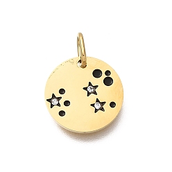 Leo Twelve Constellations 304 Stainless Steel Enamel Pendants, with Rhinestone, Flat Round Charms, Golden, Leo Charms, 13x1mm, Hole: 4.5x2.5mm