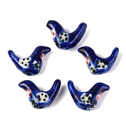 Dark Blue Handmade Porcelain Beads, Hand Painted, Famille Rose Porcelain, Bird, Dark Blue, 14~15x19~20x7~8mm, Hole: 1.6~2mm