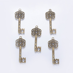 Antique Bronze Tibetan Style Alloy Big Skeleton Key Pendants, Cadmium Free & Nickel Free & Lead Free, Antique Bronze, 60x22x2mm, Hole: 2mm
