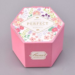 Pink Hexagon Shape Candy Packaging Box, Wedding Party Gift Box, Boxes, Flower and Word PERFECT Pattern, Pink, 7.1x8.2x6.3cm, Unfold: 22.9x12.25x0.08cm