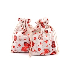 Сердце Рождественские тематические сумки из хлопчатобумажной ткани на шнурке, сумка для упаковки подарочных ювелирных изделий из органзы, сердце, 18x13 см