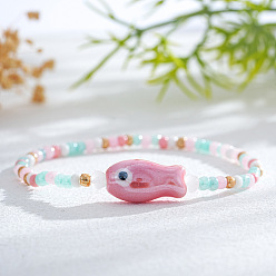 Ярко-Розовый Эластичные браслеты из смолы и фарфоровых бусин для женщин, рыба, ярко-розовый, 6.89 дюйм (17.5 см)