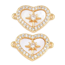 Oro Dijes de conector de zirconia cúbica transparente con micro pavé de latón, corazón con enlaces de la estrella polar, con cáscara natural, chapado en rack, larga duración plateado, dorado, 10x3x15 mm, agujero: 0.8 mm