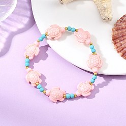 Pink Synthetic Turquoise & Brass Beads Stretch  Bracelets for Women, Turtle, Dyed, Pink, Inner Diameter: 2.20 inch(5.6cm)