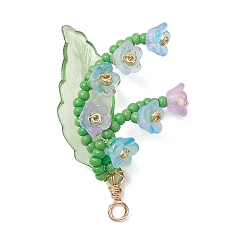 Темно-Голубой Стеклянные подвески с медной проволокой, цветочный шарм, с акриловыми листьями и бисером., глубокое синее небо, 35.5x22x10 мм, отверстие : 2.5 мм