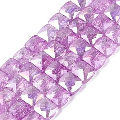 Orchid Electroplate Transparent Crackle Glass Beads Strands, Rectangle, Dyed, AB Color Plated, Faceted, Orchid, 7x8x5mm, Hole: 1~1.2mm, about 24~27pcs/strand, 6.50~7.28 inch(16.5~18.5cm)
