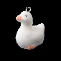 Утка Флокированные подвески из непрозрачной смолы, с платиновыми тоновыми железными петлями, белые, утка, 28x17x21.5 мм, отверстие : 2 мм