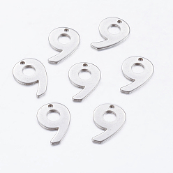 Number Anlaufgeschützt 201 Anhänger aus Edelstahl, Edelstahl Farbe, Zahl 9, 11x8x0.7 mm, Bohrung: 0.5 mm