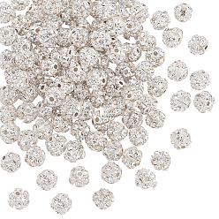 Серебро 100 шт латунные бусины со стразами, круглые, серебряные, 6x6.5 мм, отверстие : 1.2 мм