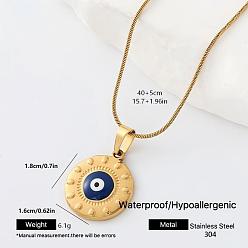 Blue 304 Stainless Steel Enamel Evil Eye Pendant Necklaces for Men Women, Golden, Blue, 15.75 inch(40cm)