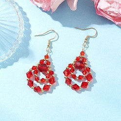 Красный 304 из нержавеющей стали болтаться серьги, со стеклом, слеза, золотые, красные, 58x23.5 мм