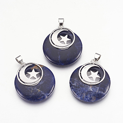 Содалитовое Природные подвески содалитом, с латунной фурнитурой платинового цвета, плоские круглые с Луны и звезды, 32x28x7 мм, отверстие : 4x5 мм