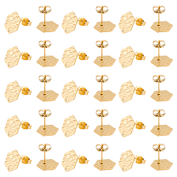 Золотой 20 шт 304 детали серьги-гвоздики из нержавеющей стали, с отверстием и ушными гайками, текстурированный шестиугольник, золотые, 12x10.5 мм, отверстие : 1 мм, штифты : 0.6 мм