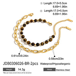 Тигровый глаз 2 шт. 2 стилей 304 браслеты-цепочки из нержавеющей стали, Браслеты из натуральных круглых бусин тигрового глаза для женщин, 6.69 дюйм (17 см)