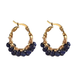 Ляпис-Лазурь Серьги из 201 нержавеющей стали, гипоаллергенные серьги, с естественной ляпис-лазури бисера, форма витого кольца, золотые, 30x24 мм, штифты : 1.3x0.7 мм