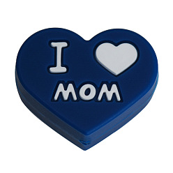 Prussian Blue Mother's Day Silicone Focal Beads, Heart with Word I Love Mom, Prussian Blue, 24.4x19.5x9.9mm