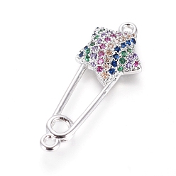 Platinum Brass Micro Pave Cubic Zirconia Links connectors, Safety Pin Shape with Star, Colorful, Platinum, 27x10x3.5mm, Hole: 1.2mm
