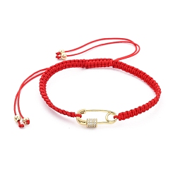 Red Adjustable Nylon Thread Braided Bead Bracelets, Red String Bracelets, with Brass Micro Pave Clear Cubic Zirconia Links and Brass Beads, Safety Pin Shape, Real 18K Gold Plated, Red, Inner Diameter: 2-1/8~3-5/8 inch(5.5~9.2cm)