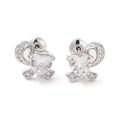 Прозрачный Серьги-гвоздики из латуни с микропаве из кубического циркония, долговечный, цветок, платина, прозрачные, 10x10.5 мм