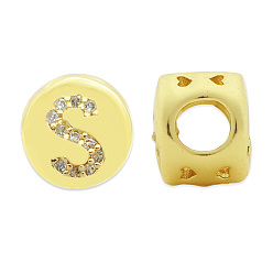 Letter S Brass Micro Pave Clear Cubic Zirconia Beads, Flat Round with Letter, Letter.S, 7.5x6.5mm, Hole: 3.5mm, 3pcs/bag