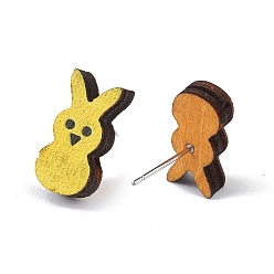 Кролик Пасхальные серьги-гвоздики из натурального дерева, 316 женские украшения из нержавеющей стали, Картина кролика, 15x7 мм, штифты : 0.6 мм