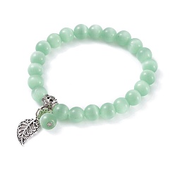 Vert Clair Oeil de chat perle ronde bracelets breloques stretch, avec les accessoires en alliage de zinc, feuille, argent antique, vert clair, 2 pouce (5 cm)