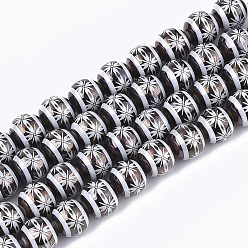 Schwarz Galvanisieren Glasperlen, Runde mit Blumenmuster, Schwarz, 10x9.5 mm, Bohrung: 1.2 mm, ca. 30 Stk. / Strang, 11.2 Zoll