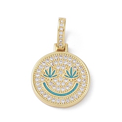 Средний Бирюзовый Латунные микро проложить кубического циркония подвески, Эмаль стиле, без кадмия и без свинца, плоские круглые с улыбающееся лицо, золотые, средне бирюзовый, 21x18x2 мм, отверстие : 7x4 мм