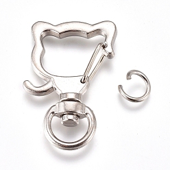 Platinum Alloy Swivel Lobster Clasps, with Iron Jump Rings, Cat Head, Platinum, 35x22x6.5mm, Jump Ring: 8x1.2mm