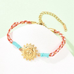 Красный 304 из нержавеющей стали ссылка браслеты, Браслеты из хлопковой веревки, плетеные для женщин, реальный 18 k позолоченный, красные, 6.69 дюйм (17 см), ВС: 23x18x3.5 mm