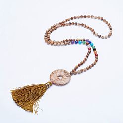 Пейзажный Джаспер Натуральная картина яшмы из бисера ожерелья, с кисточкой подвесками, 30.7 дюйм ~ 32.3 дюйм (78 см ~ 82 см)