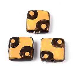 Золотистый Ручной фарфоровые керамические шарики, квадратный, Famille выросли стиле, золотые, 17.5~19x17~18.5x6~7 мм, отверстие : 1.4~2 мм