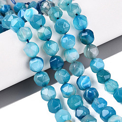 Bleu Ciel Foncé Perles d'agate teintées en bandes naturelles teintées, étoiles coupées perles rondes, facette, bleu profond du ciel, 9.5~10x9~10x9~10mm, Trou: 1~1.2mm, Environ 36~38 pcs/chapelet, 13.58~14.37'' (34.5~36.5 cm)